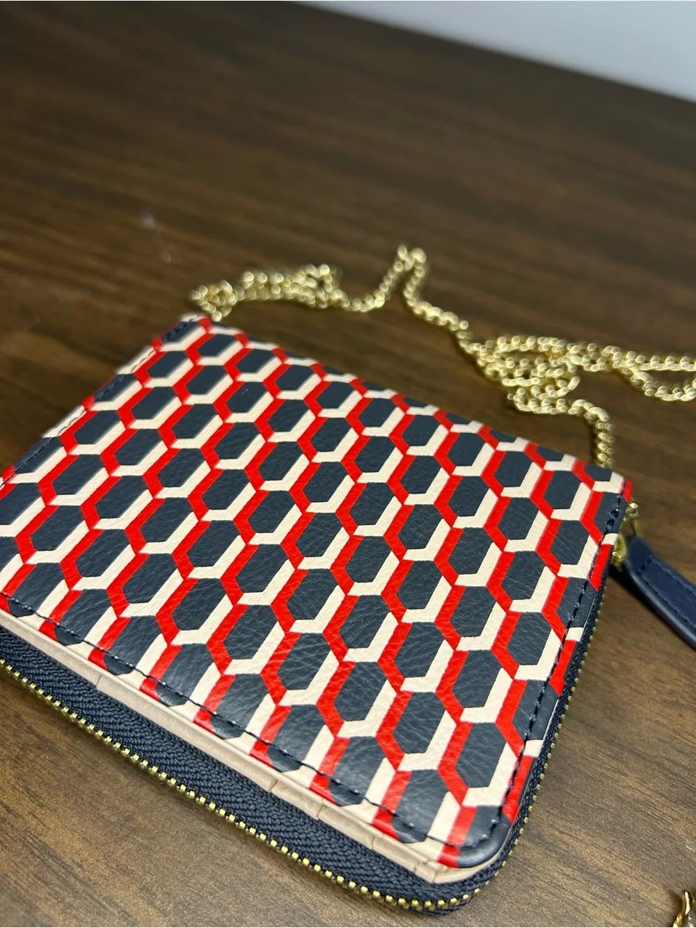 Mark and Graham Women's Geometric Navy Red Cream Leather Wallet Clutch Chain
